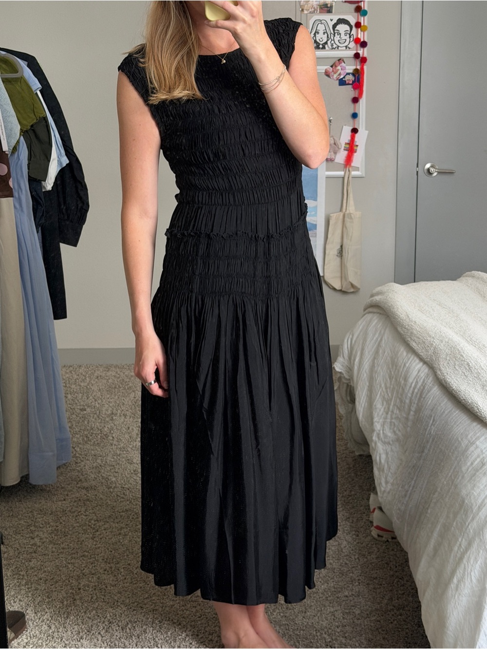Classic Black Smocked Midi Dress